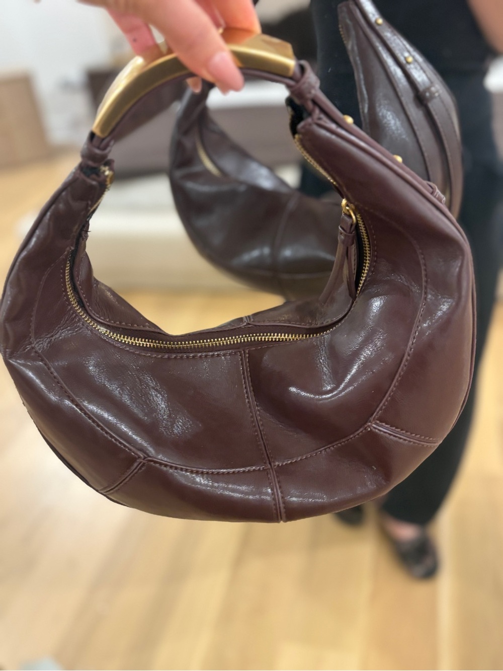 Zara burgundy Leather Shoulder Bag with Gold Handle